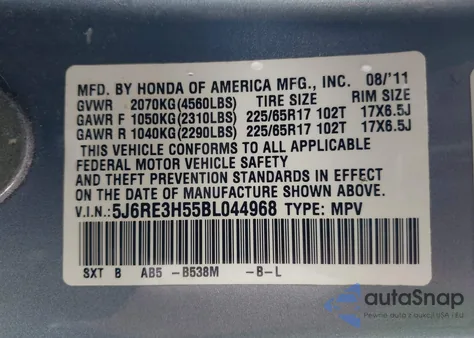 2011 Honda Cr-V Ex z USA, uszkodzony, nr VIN 5J6RE3H55BL044968
